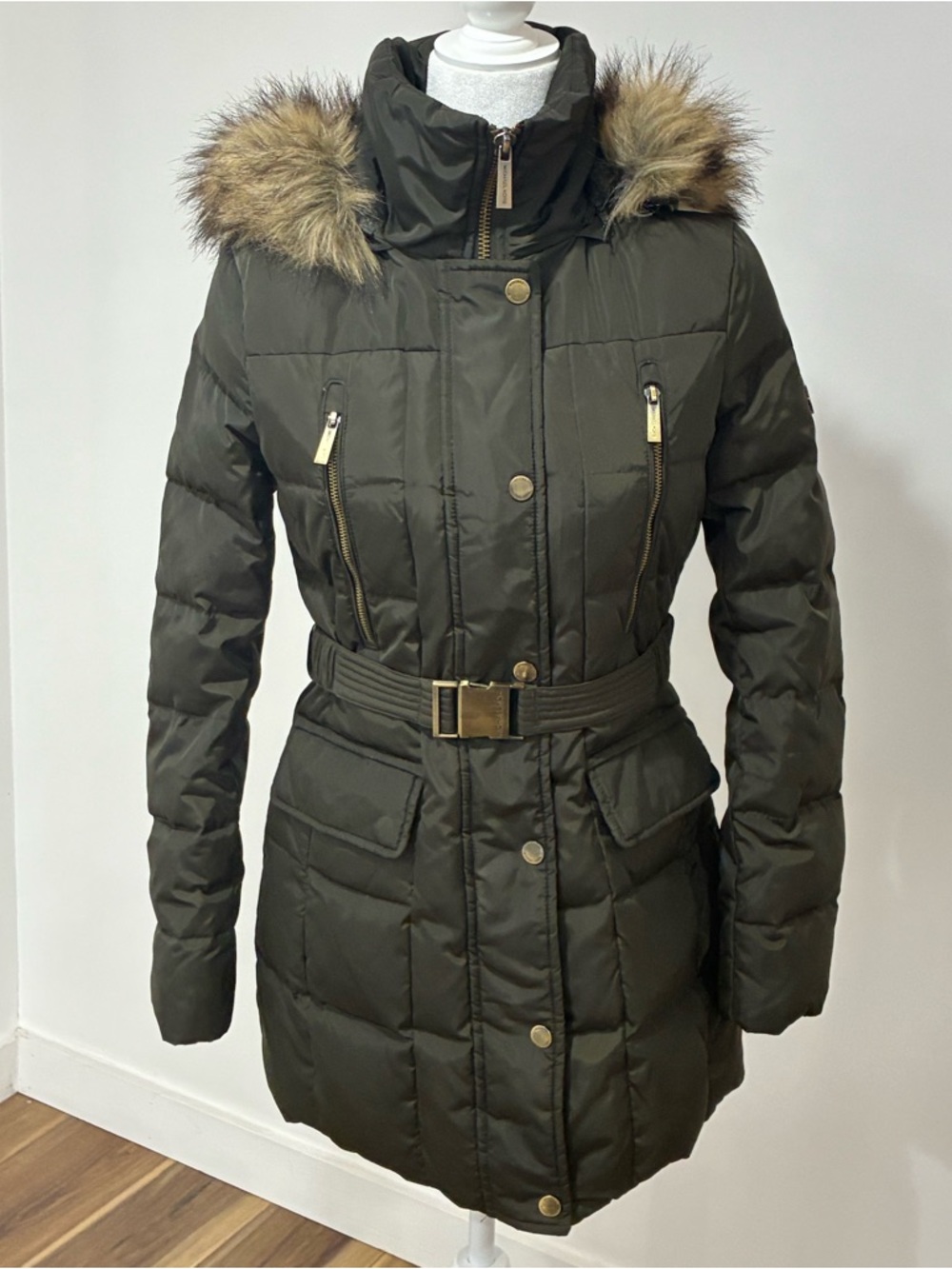 Michael Kors Black Belted Puffer Faux Fur Hood Winter Jacket Gold Hardware XS
